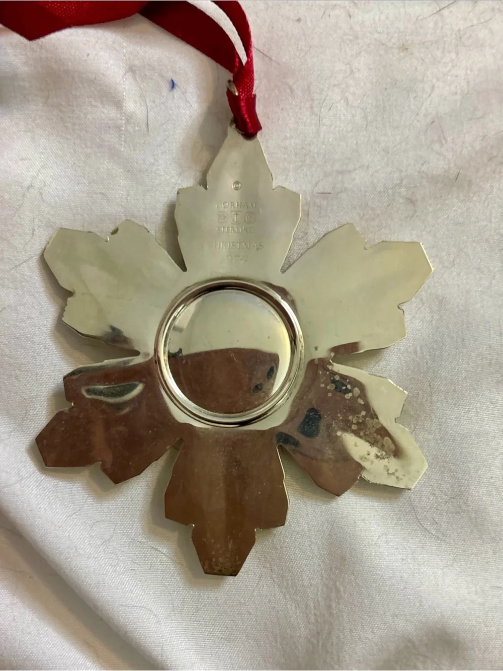 Gorham Sterling Silver Snowflake Holiday Ornament with Red Ribbon